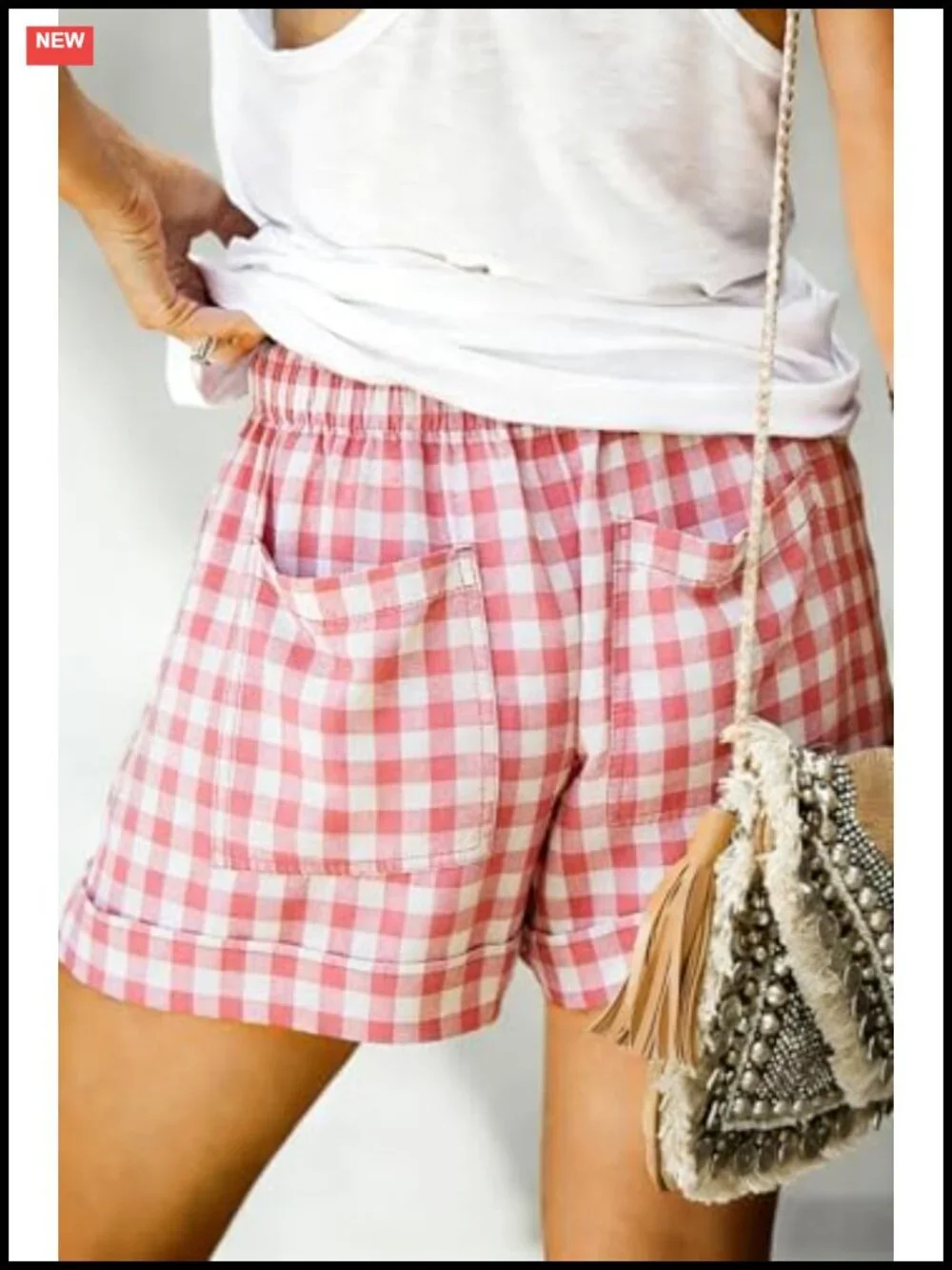 Women's High Waisted Plaid Bermuda Shorts Cotton Drawstring Casual Baggy